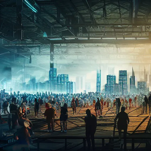 Image similar to large group people in a huge warehouse, looking at a tabletop skyline hologram | cinematic concept art | godrays | 4 k | clear details | tabletop | tabletop | hologram foreground