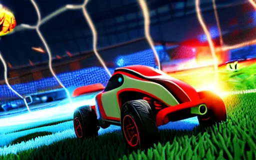 Image similar to rocket league goal, car soccer, ball exploding, dramatic lighting, moody lighting, muted color, 4 k, hq, octane render, dynamic angle, marketing, promotional.