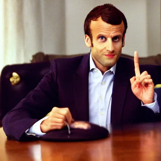 Image similar to Emmanuel Macron wearing carnival clothes in American Psycho (1999)
