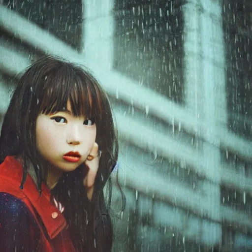 Prompt: 1990s perfect 8K HD professional cinematic photo of close-up japanese schoolgirl posing in postapocalyptic cityscape, at evening during rain, at instagram, Behance, Adobe Lightroom, with instagram filters, depth of field, taken with polaroid kodak portra