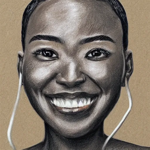 Prompt: black asian woman with cables instead of hair in dark chalk art style