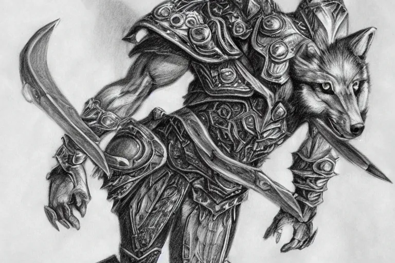 Image similar to a pencil drawing of a wolf, full body, D&D, armor, made by by Pen Tacula