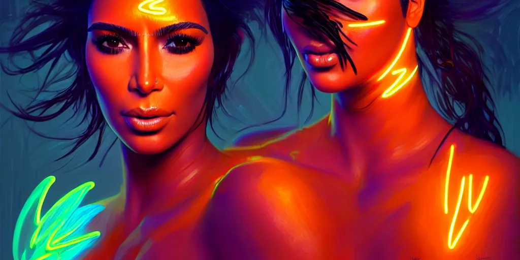 Prompt: kim kardashian as a tribal warrior, neon body paint on body, in outer space, bioluminescence, highly detailed, digital painting, artstation, concept art, matte, sharp focus, illustration, art by artgerm and greg rutkowski and alphonse mucha