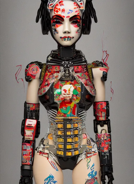 Image similar to full body photo of a punk geisha robot with kanji tattoos and decals wearing a digital pixelated kimono, intricate design, photo - realistic, octane render, ultra fine detailed, character design, trending on artstation