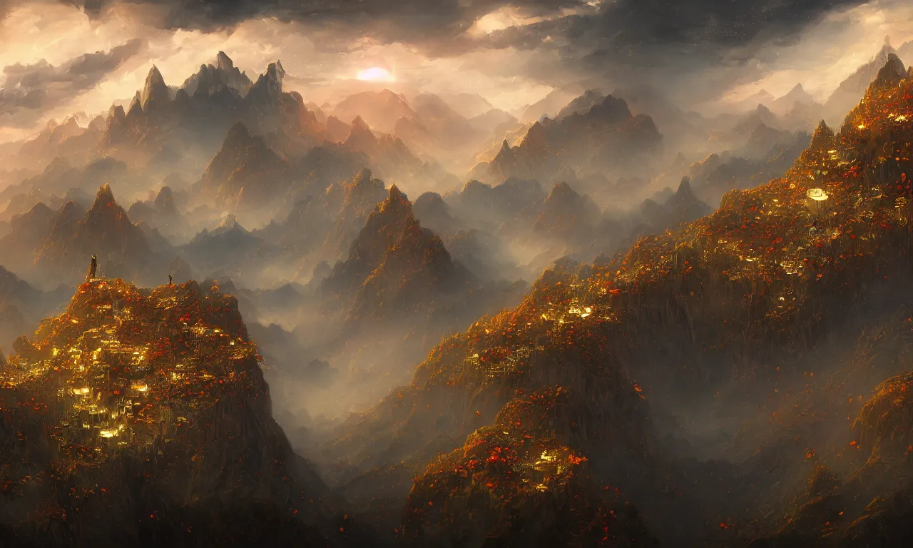 Image similar to breathtaking digital painting of an aerial landscape in luxurious nature, mountains rockas at dawn with roses and golden petals flying, with intricate art nouveau moody dark tumultuous clouds, by anato finnstark and johannes voss, concept art, matte, 8 k,