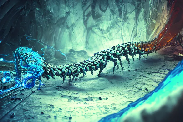 Prompt: centipede trapped inside a blue amber, octane render, digital art, trending on artstation, deviantart, 8k, epic composition, intrinsic details, AAA graphics