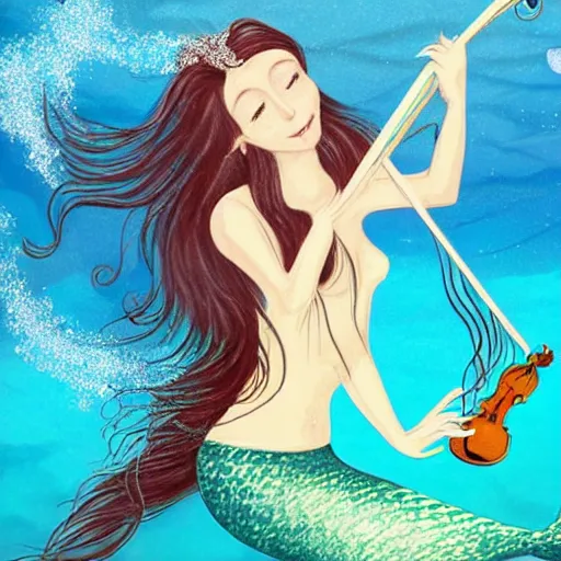 Prompt: a beautiful long - haired mermaid playing the violin in the wide ocean among fish