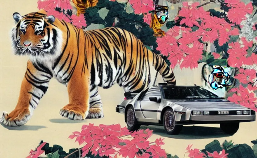 Image similar to a delorean and a tiger, colourful magazine collage, art by hsiao - ron cheng and utagawa kunisada, # e 5 3 7 1 b, # e 4 e 6 2 0, # de 9 5 f 0,