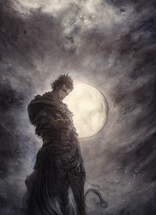 Prompt: portrait, dream wanderer and the moon, watercolor, dramatic lighting, cinematic, establishing shot, extremely high detail, foto realistic, cinematic lighting, pen and ink, intricate line drawings, by Yoshitaka Amano, Ruan Jia, Kentaro Miura, Artgerm, post processed, concept art, artstation, matte painting, style by eddie mendoza, raphael lacoste, alex ross