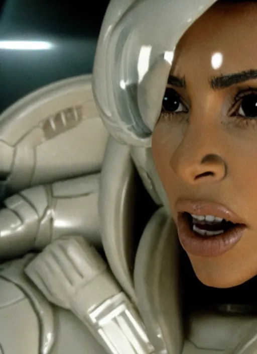 Prompt: movie still of kim kardashian with a alien facehugger face, in the movie alien. cinematic full shot.