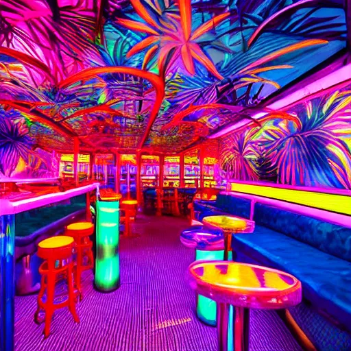 Image similar to architectural digest photo, inside a crowded futuristic neon tiki bar inside a yacht, tropical plants, blue lighting with small pastel orange and pink accent lights, crowd of cool people dancing