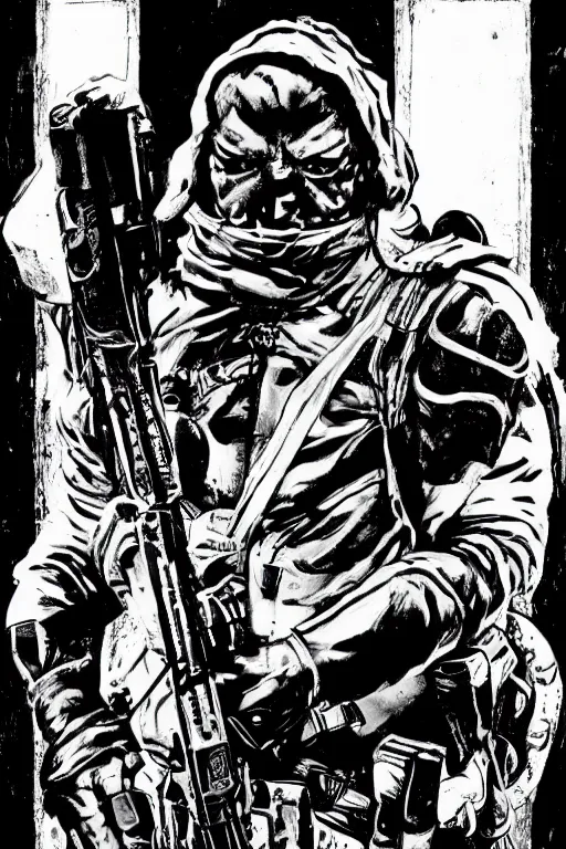 Prompt: a paranormal soldier, tribal, emp weapons strapped in shoulders, horror sci - fi, black and white, art by kevin eastman