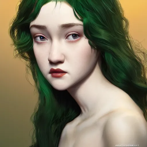 Prompt: julia garner starring as a green winged angel with dark hair, made by stanley artgerm lau, wlop, rossdraws, artstation, cgsociety, concept art, cgsociety, octane render, trending on artstation, artstationhd, artstationhq, unreal engine, 4 k, 8 k