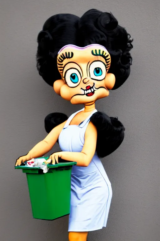 Image similar to full view, from a distance, of anthropomorphic trashcan who is betty boop from 1 9 3 0, full of trash, highly detailed