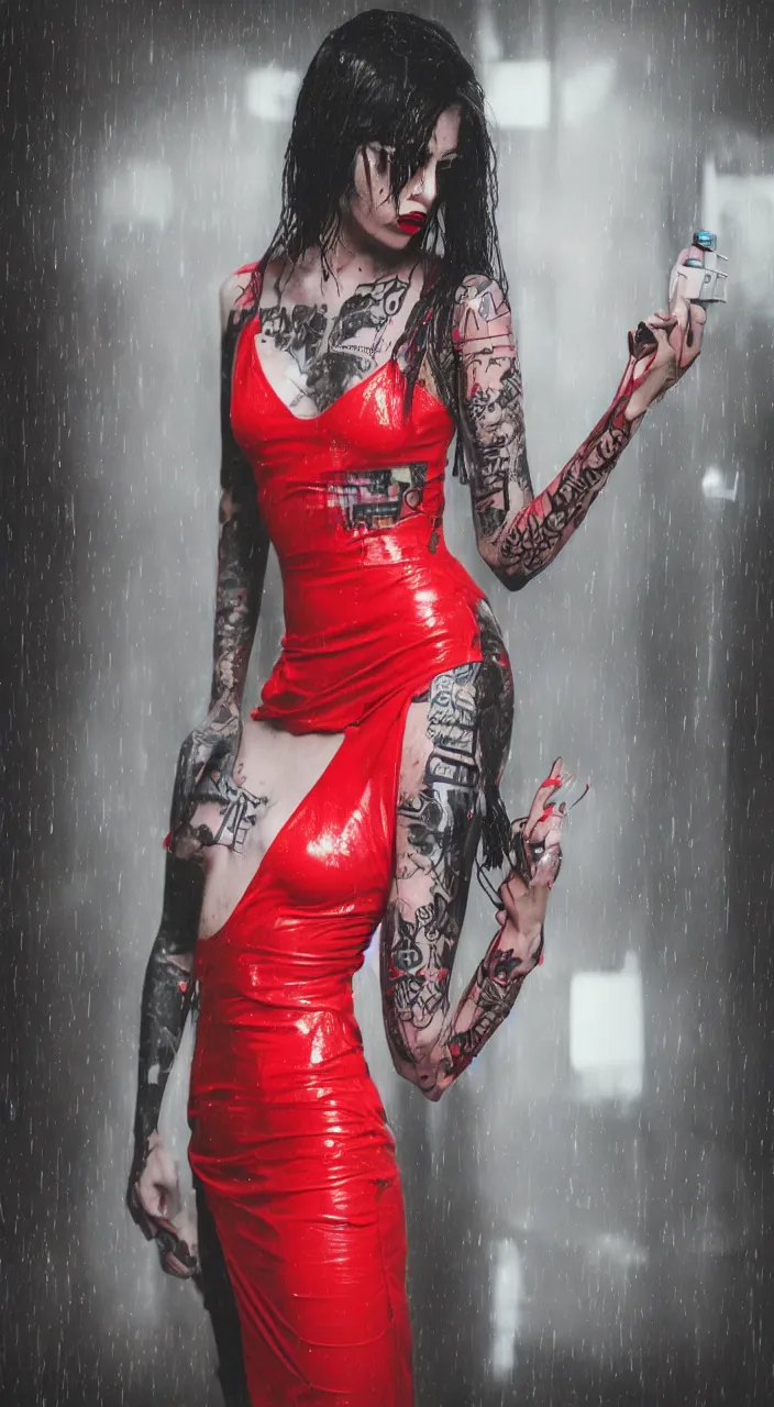 Image similar to woman, android, cyberpunk, artificial limbs, tattoos, neon light, hard light, glamour, vogue photoshoot, fashion, long dress, red dress, raindrops, rain, wet, make - up, leaky make - up, red lipstick