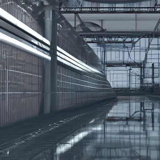 Image similar to big metallic capsule connected to pipelines, purpose is pump, standing in large industrial hall, designed by best engineers, raytracing, reflections