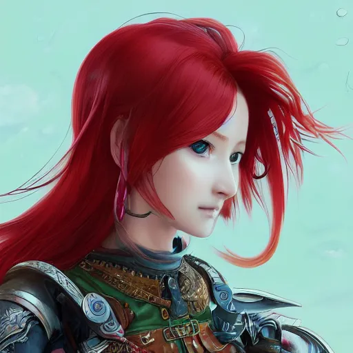 Image similar to a red haired female knight as an absurdly beautiful, elegant, young sensual anime girl, hilly background, ultrafine hyperrealistic detailed face illustration by kim jung gi, irakli nadar, intricate linework, sharp focus, bright colors, matte, octopath traveler, final fantasy, unreal engine highly rendered, global illumination, radiant light, intricate environment