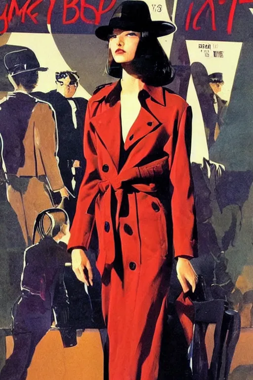 Image similar to A beautiful spy girl with a very stylish trenchcoat by Moebius, bob cut hair, movie poster