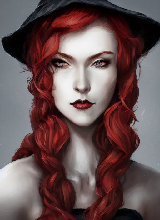 Image similar to a highly detailed illustration of tall beautiful red haired lady wearing black noir dress and black sun hat, dramatic smile pose, perfect face, perfect body, perfect eyes, intricate, elegant, highly detailed, centered, digital painting, artstation, concept art, smooth, sharp focus, league of legends concept art, wlop.
