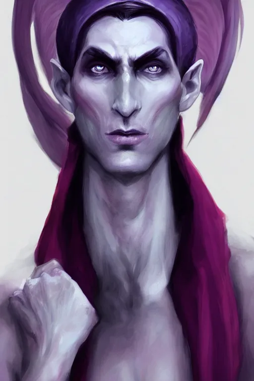 Image similar to male djinn man demon hybrid, portrait, concept art, purple cloak, single face, illustration, costume design, white spiral horns, editorial photo, fashion, hyperrealism, realism, trending on artstation, Charlie Bowater, WLOP