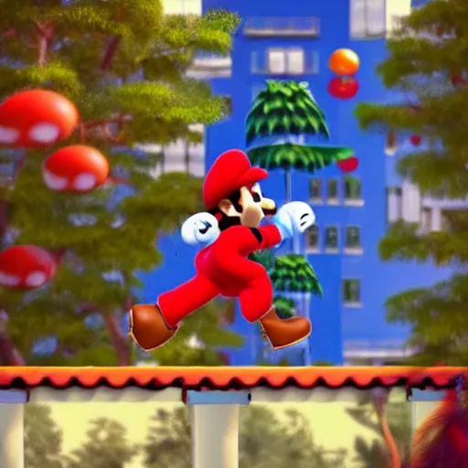 Image similar to “Photo of a man dressed like Mario jumping off of a midair dinosaur to reach a high platform. 4k”