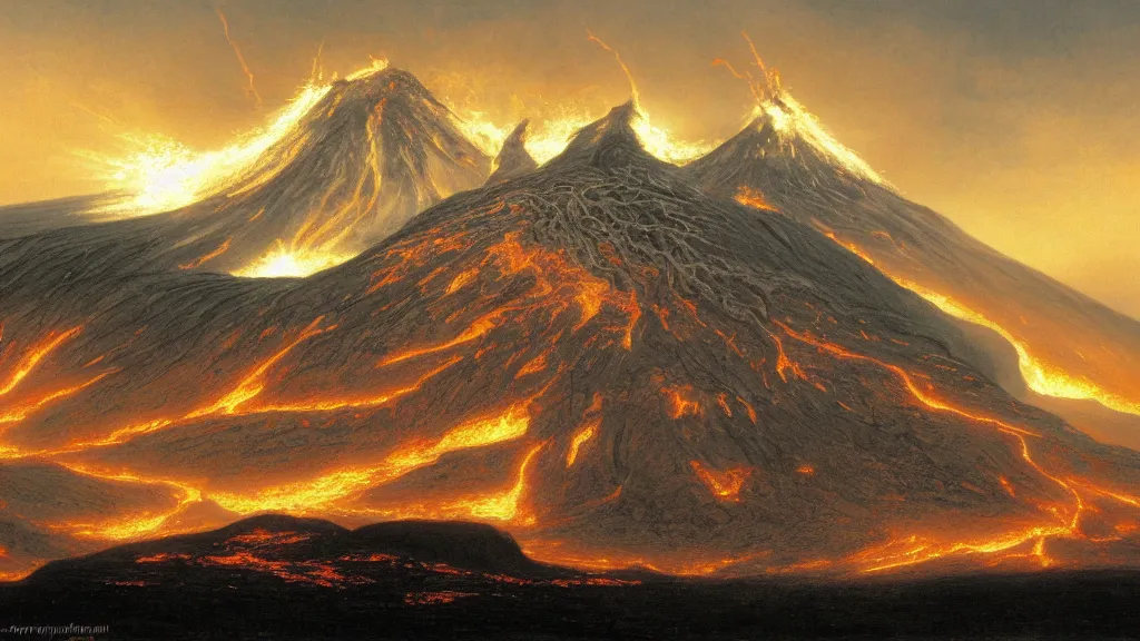 Image similar to volcanic plains of mordor, flaming eye of sauron in the dark clouds above, by alan lee, intricate, lord of the rings calendar, smooth, detailed terrain, oil painting, trending artstation, concept art, matte painting