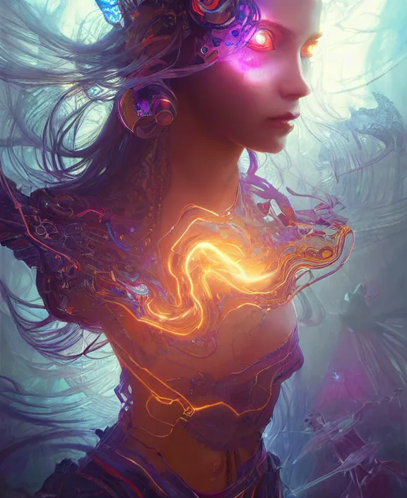 Image similar to a whirlwind of souls rushing inside the metaverse, half body, glowin eyes, tiara with sapphire, insect, android, cyberpunk, d & d, fantasy, intricate, elegant, highly detailed, colorful, vivid color, digital painting, artstation, concept art, art by artgerm and greg rutkowski and alphonse mucha and ruan jia