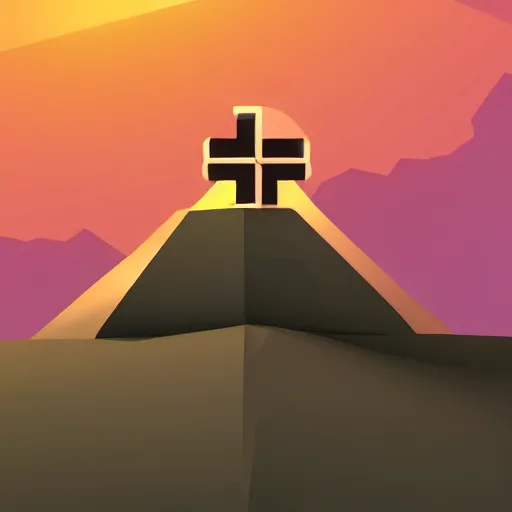Image similar to vector, low poly, brown cross icon, on the top of a hill, sunset background, cgsociety, volumetric lighting, artstationhq