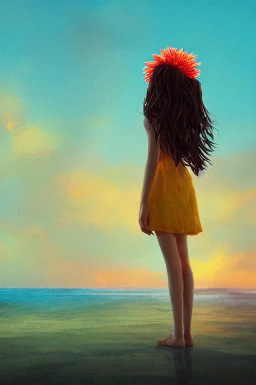 Image similar to closeup giant dahlia flower head, girl standing on beach, surreal photography, blue sky, sunrise, dramatic light, impressionist painting, digital painting, artstation, simon stalenhag