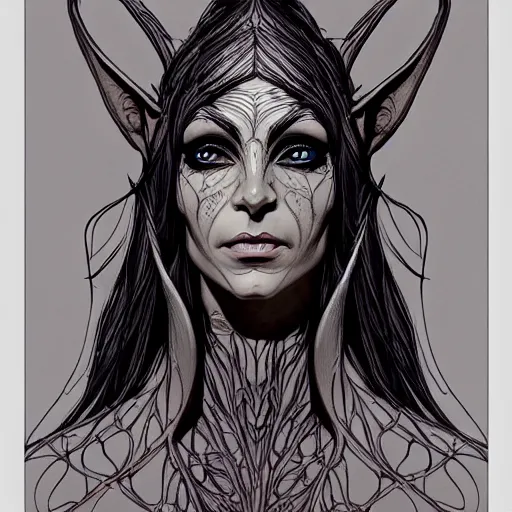 Image similar to wideview of an elven witch,intricate, veins, by Hugo pratt, ultradetailed, charachter design, concept art, trending on artstation,