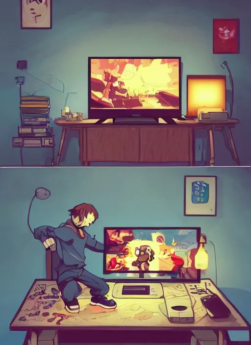 Image similar to video gamecore, gamecore, gamercore pop art of a man playin playstation 5 on his bedroom at night, cinematic perspective, studio ghibli, pop art, trending in artstation, behance, deviantart