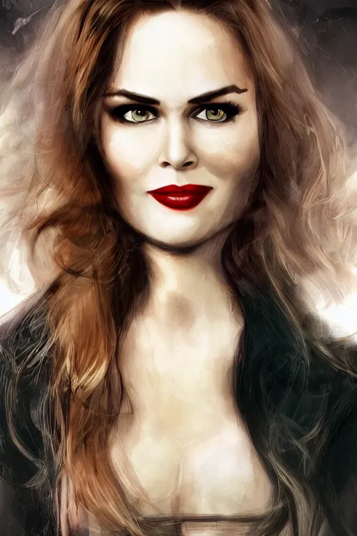 Image similar to mix of beautiful young maria shriver, mariel hemmingway, brooke shields, nicole kidman and elle macpherson as a vampire showing vampire teeth, ready to bite, thin lips, hair tied up in a pony tail, dark blonde hair, colorful, deviantart, artstation, cgsociety