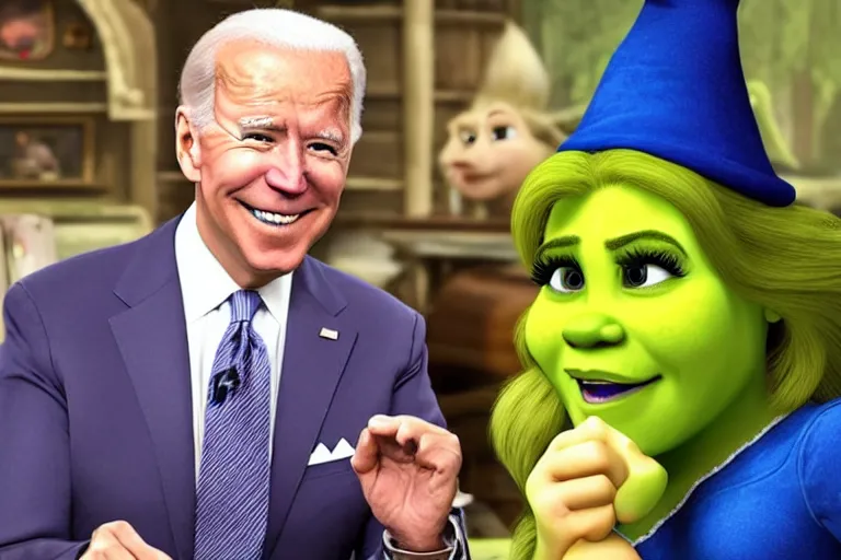 Prompt: joe biden and belle delphine as shrek, cinematic chiaroscuro, photorealistic, unreal engine