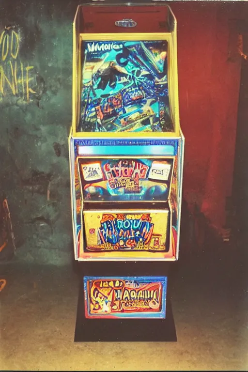 Prompt: vintage pinball machine, arcade cabinet, mugwum, phantom, nightmare, 1 9 7 0 s, polaroid photo