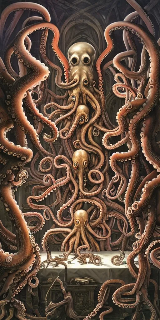 Image similar to group of humans with octopus heads arguing with mages with medusa heads they are sitting near the table in an ancient mage castle with enormous scale, gothic and baroque, brutalist architecture, ultradetailed, Intricate by James Jean and Josan Gonzalez and John Howe and Giuseppe Arcimboldo