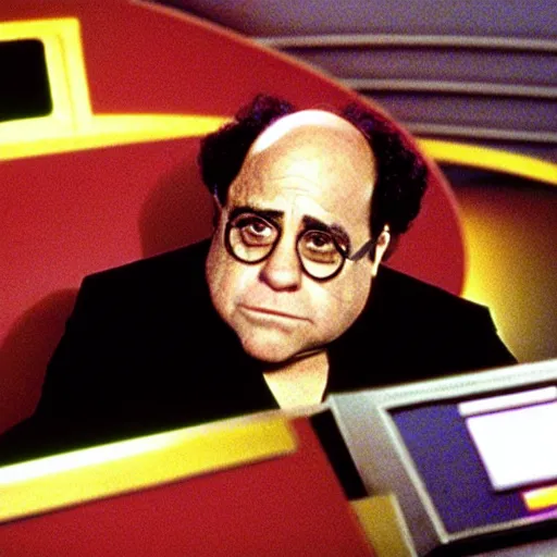 Image similar to captain danny devito sitting in the captains chair of the USS enterprise, star trek the next generation, cinematic