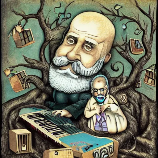 Image similar to old man white beard playing a synthesizer in a tree house, notes and clefs listening , lowbrow surrealistic, in the style of Mark Ryden,