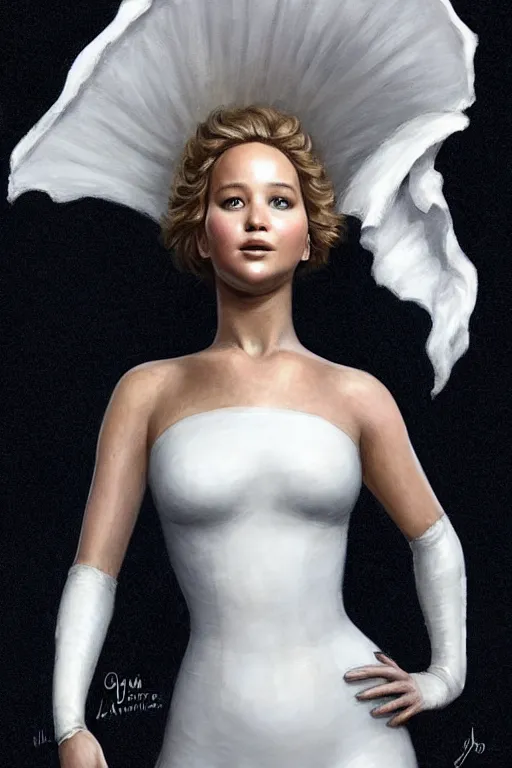 Image similar to Jennifer Lawrence as Queen wearing a White Outfit, anatomy, only two hands, highly detailed, digital painting, artstation, concept art, smooth, sharp focus, illustration, Unreal Engine 5, 8K, art by art by artgerm and greg rutkowski and edgar maxence