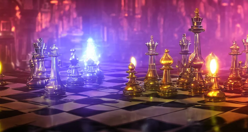 Prompt: close up of a beautiful futuristic holographic chessgame, ultra detailed, atmospheric lighting, steampunk, moody, candles, by don bluth, trending on artstation, octane render, 8 k, ultra realistic