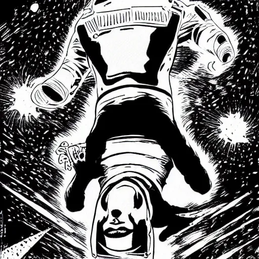 Prompt: intricate black and white comic book art of an astronaut breakdancing with aliens, kim jung gi, mark schultz, bernie wrightson