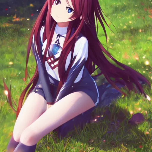 Prompt: yuuki asuna sitting on the earth, by wlop, bright smile