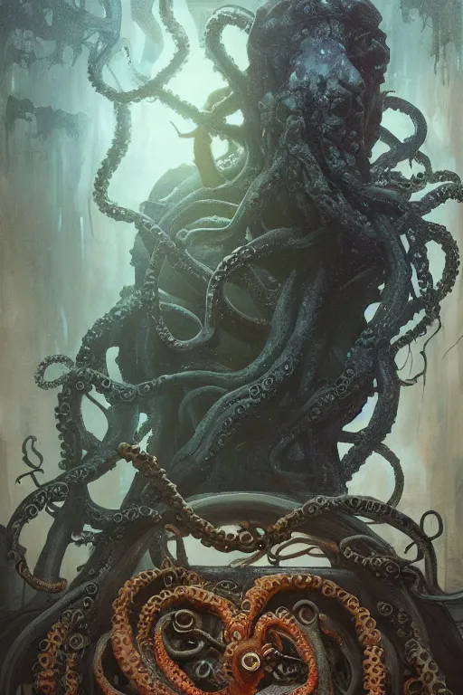 Image similar to , h p lovecraft with octopus tentacles and head of the cthulhu hyperrealistic portrait, bladerunner street, art of elysium by jeremy mann and alphonse mucha and greg rutkowski, fantasy art, photo realistic, dynamic lighting, artstation, poster, volumetric lighting, very detailed face, 4 k, award winning