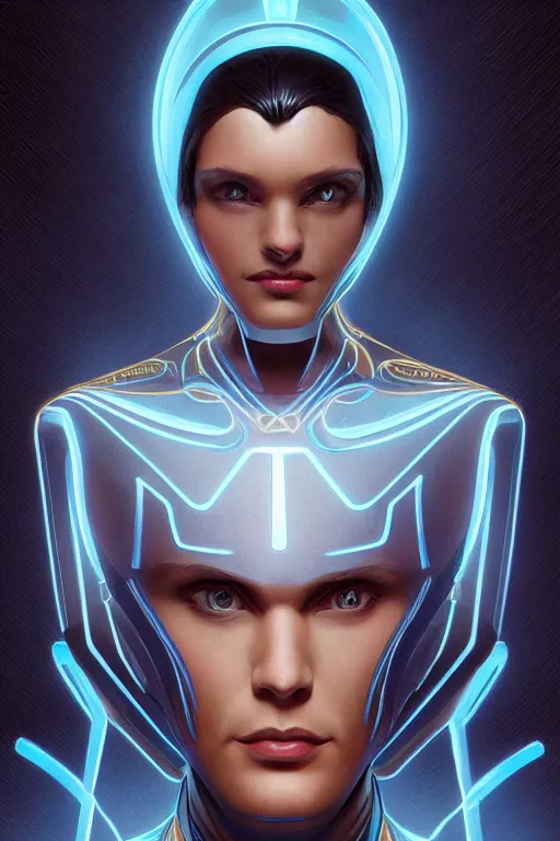 Prompt: Tron leading actor, intricate, elegant, highly detailed, concept art, sharp focus, beautiful face!!, digital art, smooth defined outlines!!, human anatomy, human structure, by Brom, trending on Artstation, Alphonse Mucha, Tom Bagshaw, Sargent
