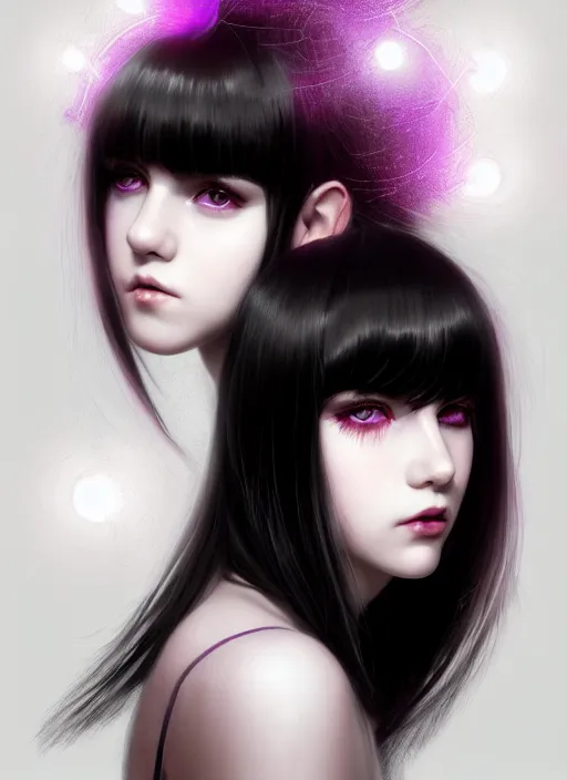 Prompt: portrait of teenage girl, red irises, bangs, black and white hair, white bangs, purple clothes, white bangs, two color hair, black hair and white bangs, intricate, elegant, glowing lights, highly detailed, digital painting, artstation, concept art, smooth, sharp focus, illustration, art by wlop, mars ravelo and greg rutkowski