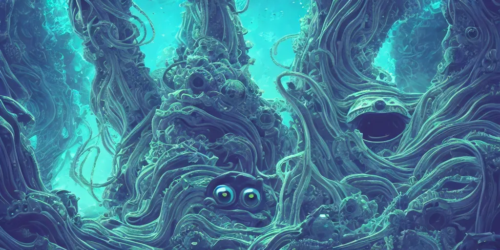 Image similar to of an intricate deep sea with strange cute friendly happy creatures with huge eyes, long tongue, round teeth and goofy funny face, appearing from the background, in the style of gehry and gaudi, macro lens, shallow depth of field, ultra detailed, digital painting, trending artstation, concept art, illustration, cinematic lighting, photorealism, epic, octane render