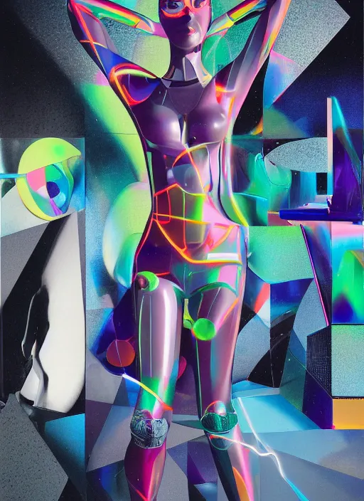 Image similar to futuristic lasers tracing, data visualization, laserpunk fullbodysuit,, pyramid visor, raindrops, wet, oiled, beautiful cyborg girl pinup, by steven meisel, kaws, rolf armstrong, cubist perfect geometry abstract acrylic, hyperrealism photorealistic airbrush collage painting, monochrome, neon fluorescent colors, minimalist rule of thirds, eighties eros