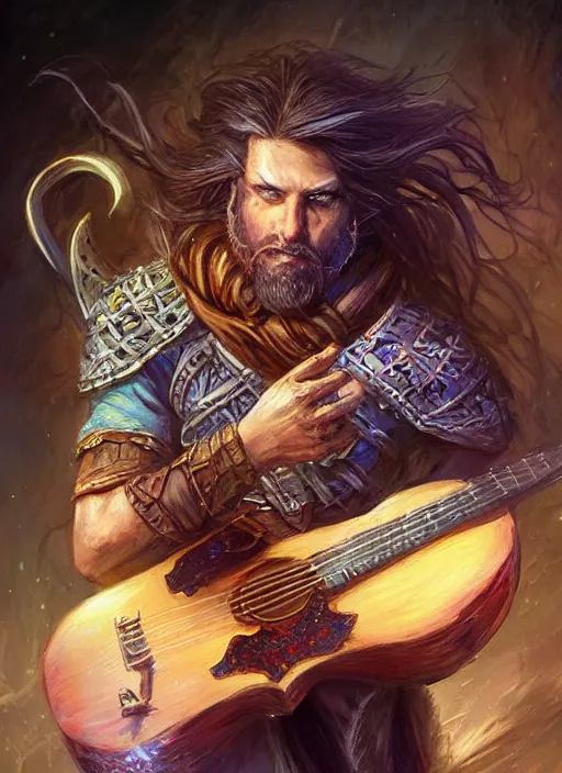 Image similar to bard holding a guitar, ultra detailed fantasy, dndbeyond, bright, colourful, realistic, dnd character portrait, full body, pathfinder, pinterest, art by ralph horsley, dnd, rpg, lotr game design fanart by concept art, behance hd, artstation, deviantart, hdr render in unreal engine 5