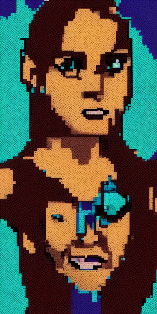 Prompt: 2D post-industrial portrait of a woman with distorted background, 8 bits graphics, flat, SNES game, crushed quality, low contrast, low light, color gradient, low saturation, heavy color compression filter, melting pixels