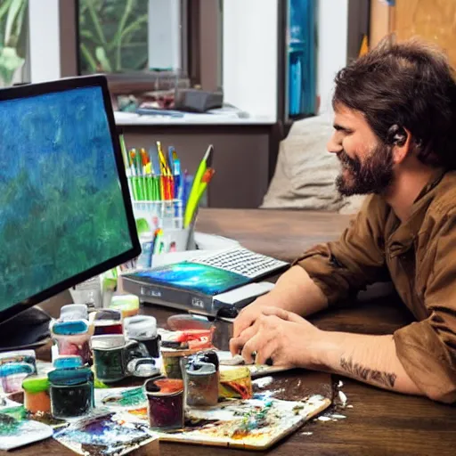 Prompt: a man sitting at his computer with a rolling tray and a pile of weed ground up in front of him, painting