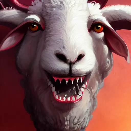 Prompt: A sheep with red whool and pointy Vampire teeth by Stanley Artgerm Lau, WLOP, Rossdraws, James Jean, Andrei Riabovitchev, Marc Simonetti, and Sakimichan, trending on artstation